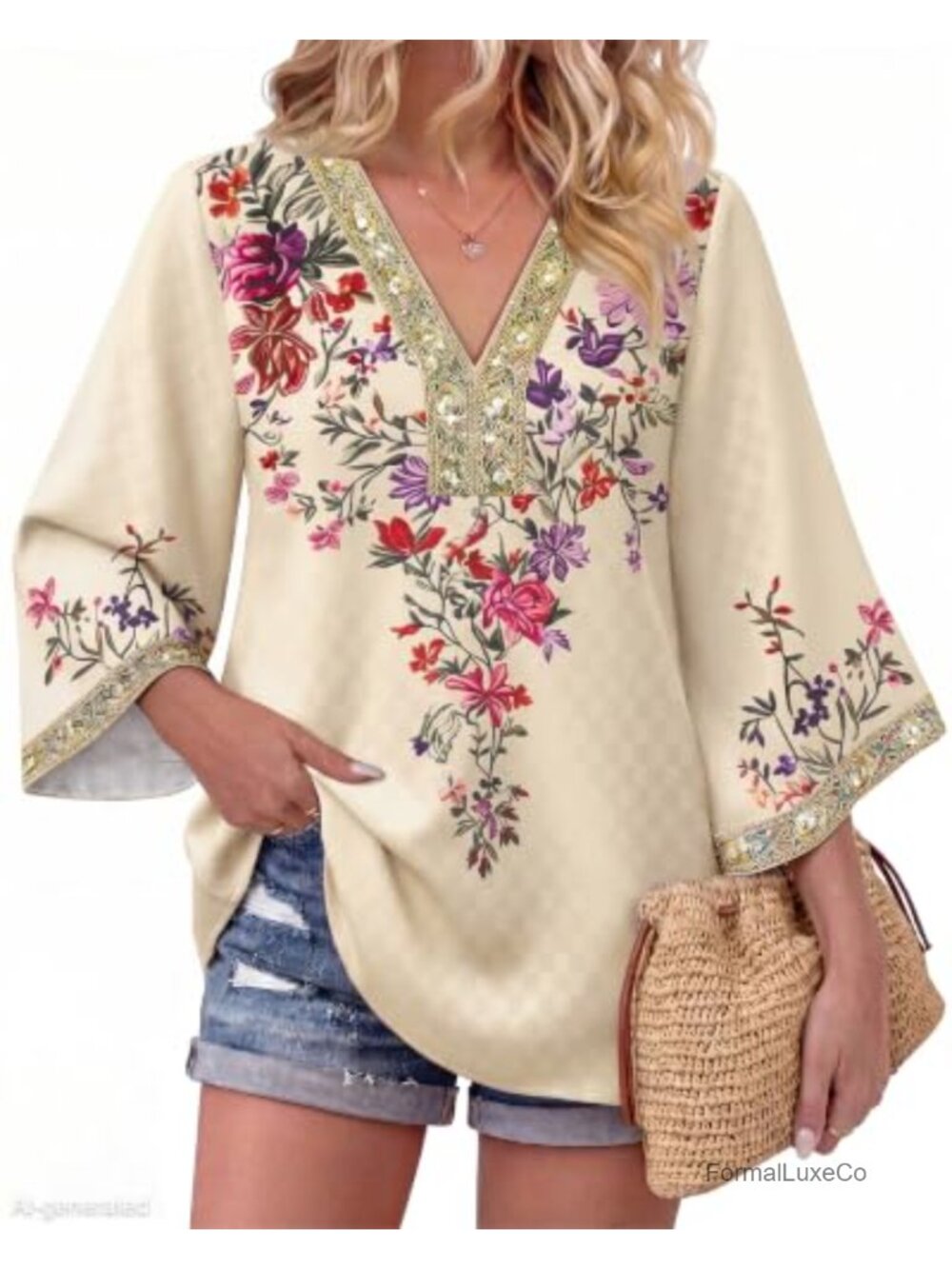 3/4 Sleeve Floral Tunic Top V-Neck Embroidered Blouse Vacation Casual